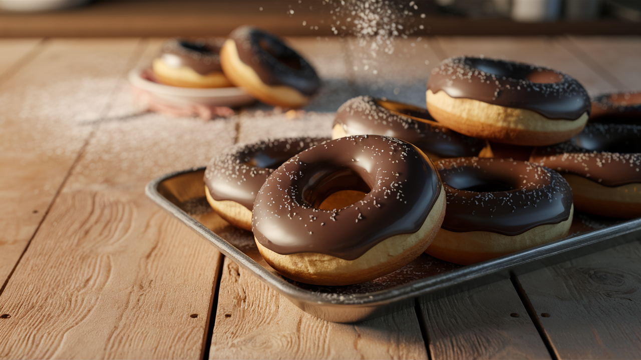 Freshly fried chocolate glazed donuts on a rustic wooden table, steam rising gently, with a sprinkle of powdered sugar in the background.