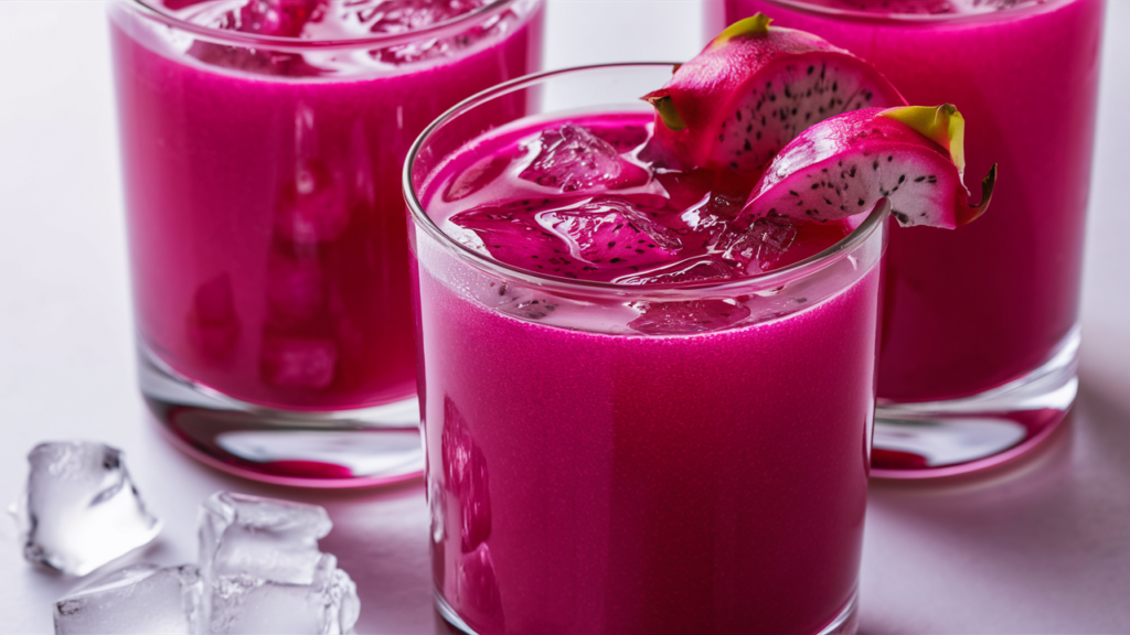 close-up of a tall glass filled with classic dragon fruit juice.