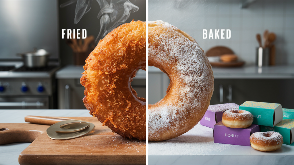 Side-by-side comparison of fried and baked donuts: crispy, golden-brown fried donuts on one side and lighter, cake-like baked donuts on the other, labeled clearly.