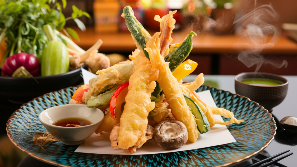 Golden, crispy vegetable tempura on a plate with dipping sauce and green tea in a cozy kitchen setting.