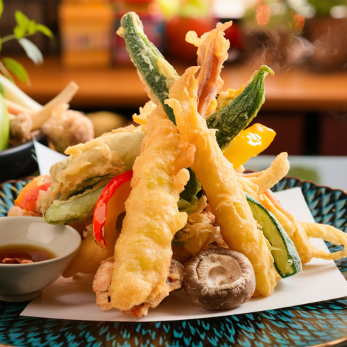 Golden, crispy vegetable tempura on a plate with dipping sauce and green tea in a cozy kitchen setting.