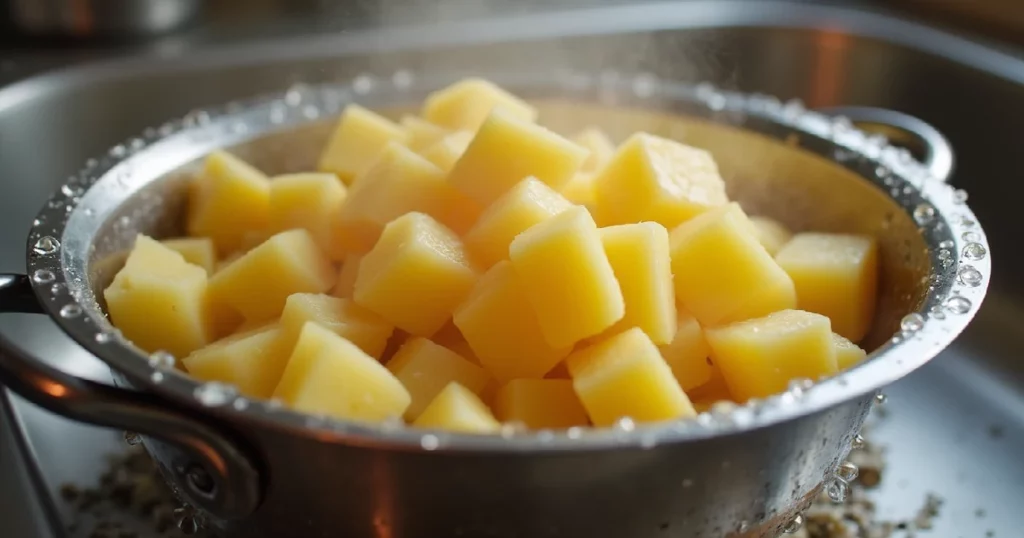 hellmann's potato salad recipe. Freshly cooked, perfectly cubed golden potatoes being drained in a stainless steel colander with visible steam