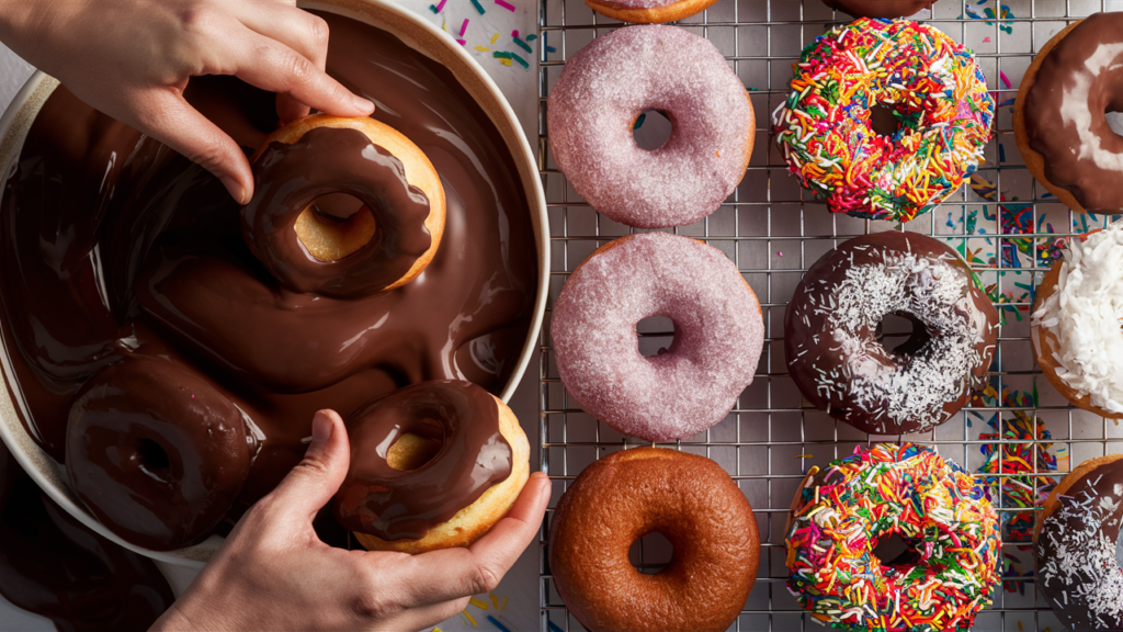 Baker's hands dipping donuts into chocolate glaze, with decorated donuts on a wire rack and toppings like sprinkles, nuts, and coconut nearby.