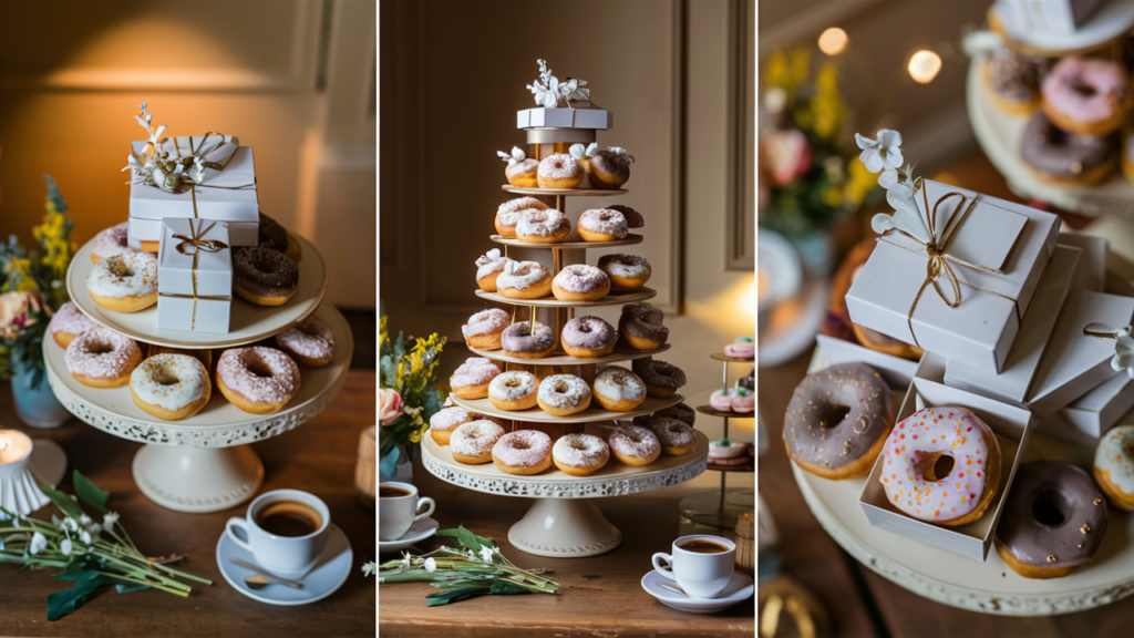 Elegant dessert table with a stacked donut tower, a vintage cake stand holding chocolate glazed donuts, coffee cups, and gift-wrapped donuts ready for sharing.