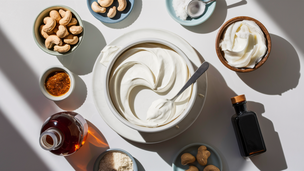 A flat lay of vegan cream cheese filling ingredients, including a tub of vegan cream cheese, bowls of cashews, coconut cream, maple syrup, vanilla extract, and cornstarch, labeled neatly on a clean background.