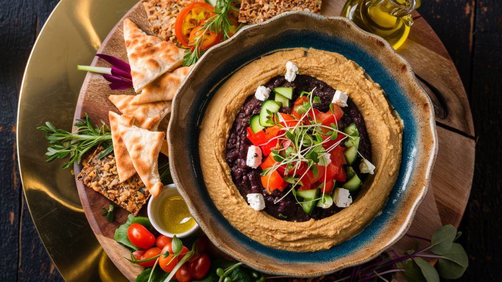 Elegant hummus bowl with colorful toppings and accompaniments