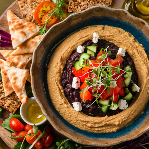 Elegant hummus bowl with colorful toppings and accompaniments