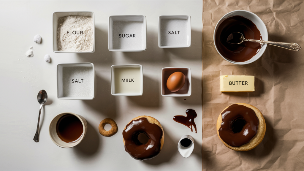 Flat-lay of chocolate glazed donut ingredients, including flour, sugar, baking powder, salt, eggs, milk, butter, vanilla extract, and chocolate, neatly arranged on a light-colored surface.