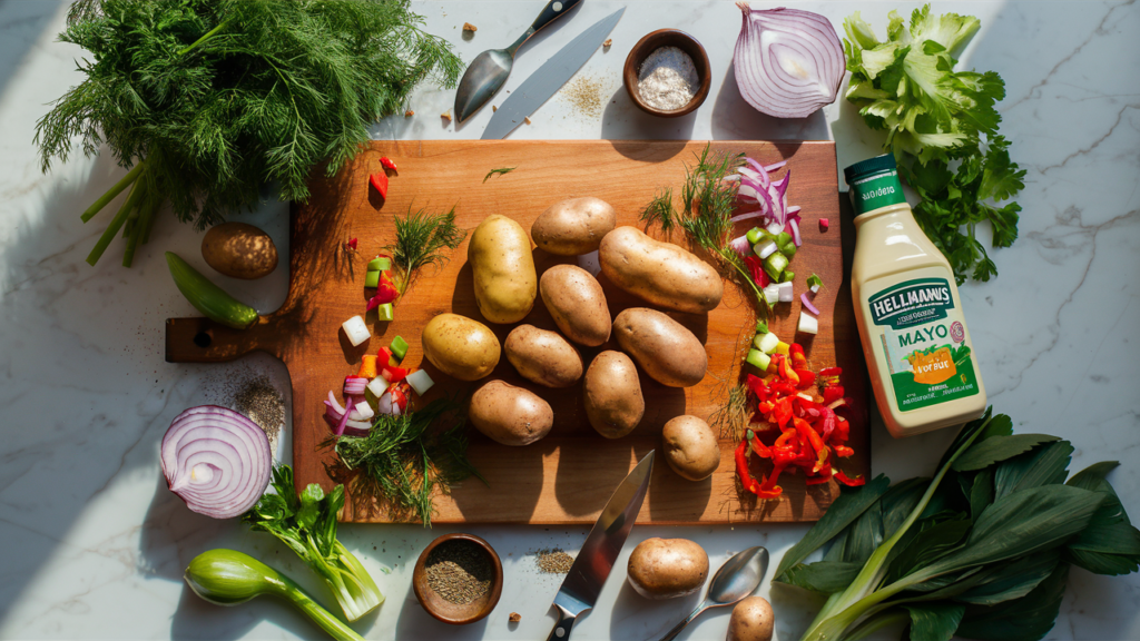 Organized flat lay of fresh ingredients for vegan Hellmann's potato salad recipe, including potatoes, vegetables, herbs, and vegan mayo on marble surface