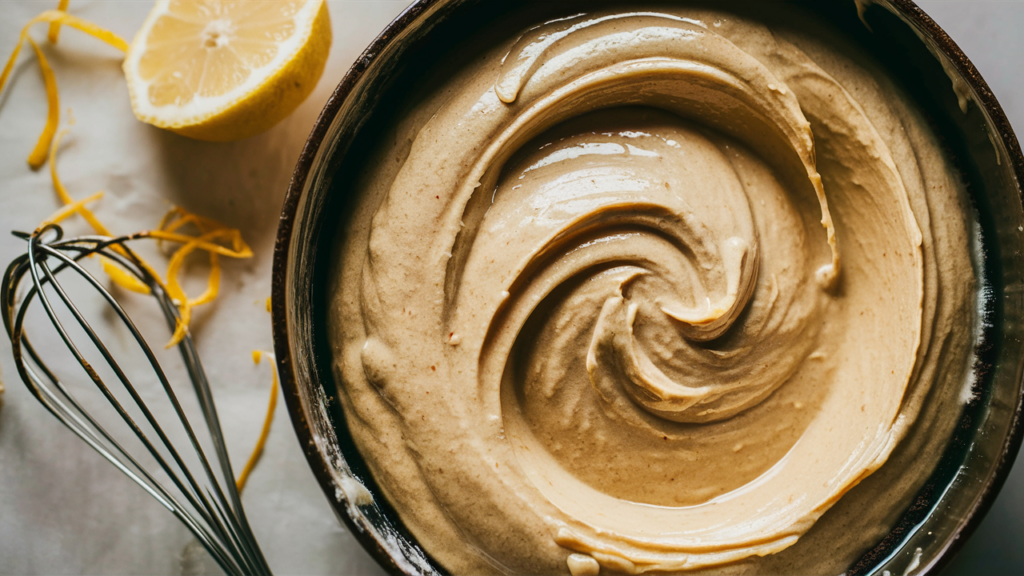 Smooth lemon brownie batter in a mixing bowl with a whisk and lemon zest.