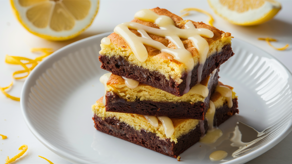 Freshly baked lemon brownies with lemon glaze and lemon slices.