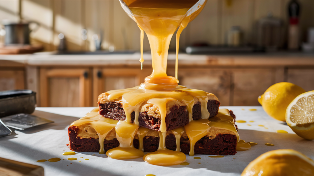 Glossy lemon glaze being applied to lemon brownies.