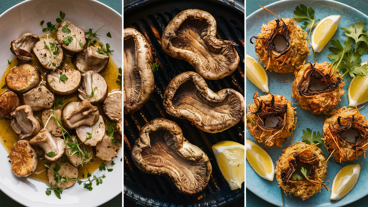 Three plated dishes featuring lion's mane mushroom recipe: sautéed medallions with herbs, grilled steaks with char marks, and crispy golden-brown 'crab' cakes served with lemon wedges