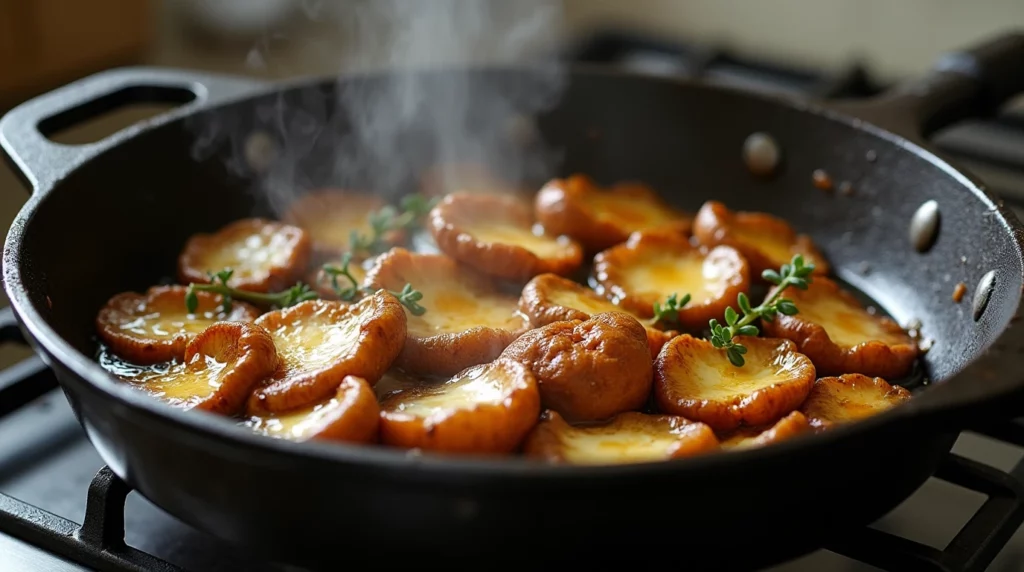 Lion’s mane mushrooms sizzling in a cast-iron skillet with butter and olive oil, garnished with thyme, showcasing their golden-brown texture.