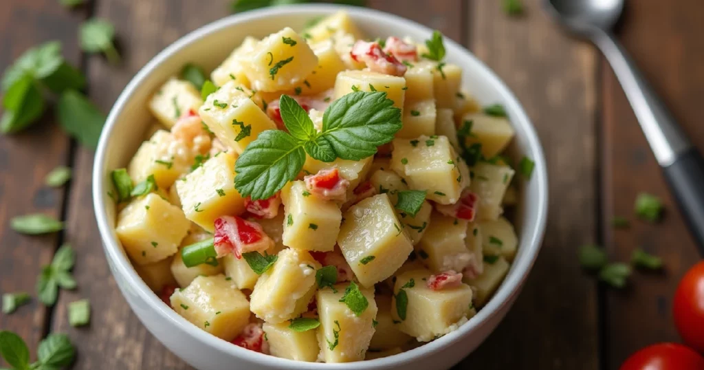 Hellmann's potato salad recipe featuring golden Yukon potatoes and colorful vegetables in a white ceramic bowl, garnished with fresh herbs