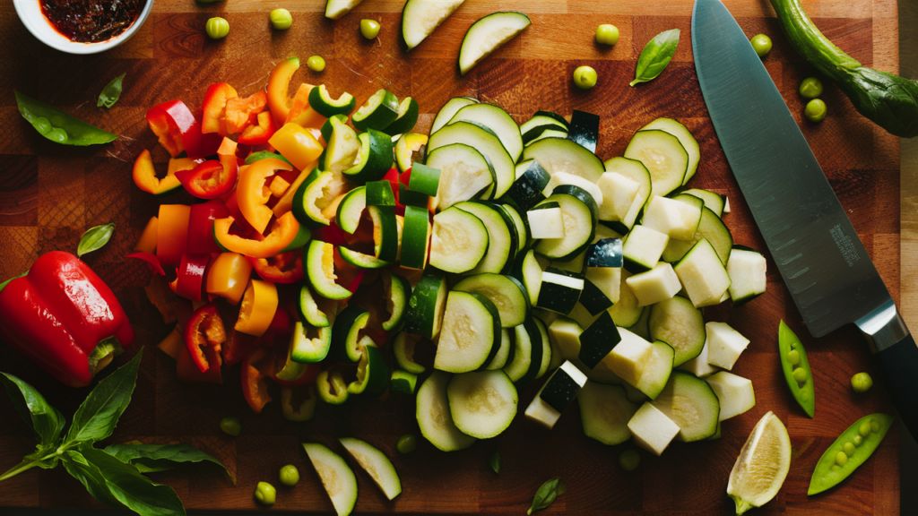 Freshly cut vegetables prepped for Thai red curry recipe, showing professional cutting techniques and portion sizes