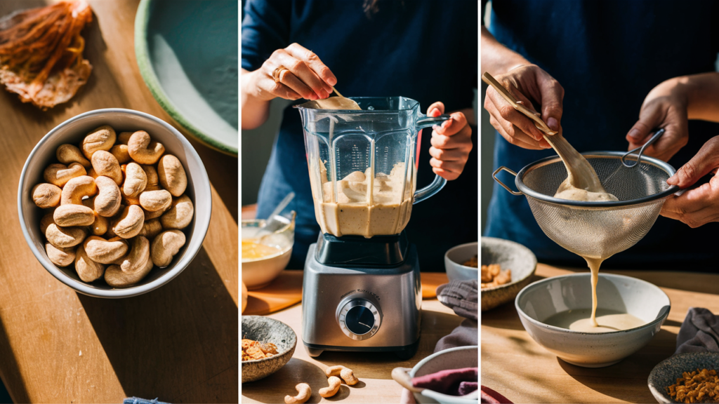 Step-by-step process of making vegan cream cheese: soaking cashews, blending ingredients, and straining the mixture.