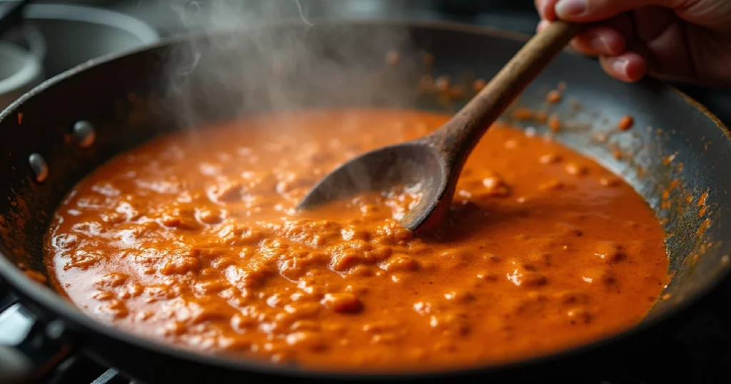 Step-by-step Thai red curry recipe showing the cooking process of combining curry paste with coconut milk in a wok