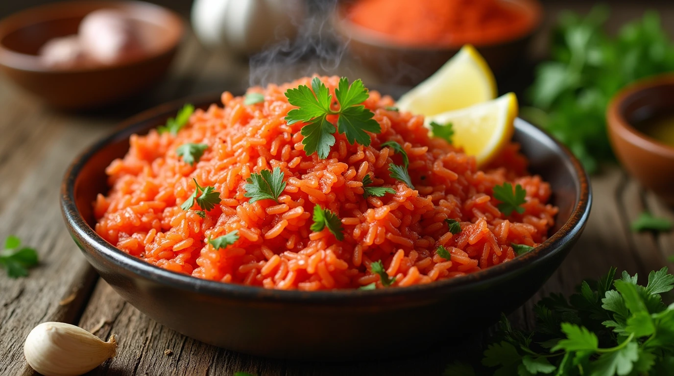 A realistic close-up of a steaming bowl of red rice garnished with fresh cilantro and lemon wedges, placed on a rustic wooden table, surrounded by uncooked red rice grains, garlic cloves, olive oil, and fresh herbs in small bowls, creating a warm and inviting kitchen scene.