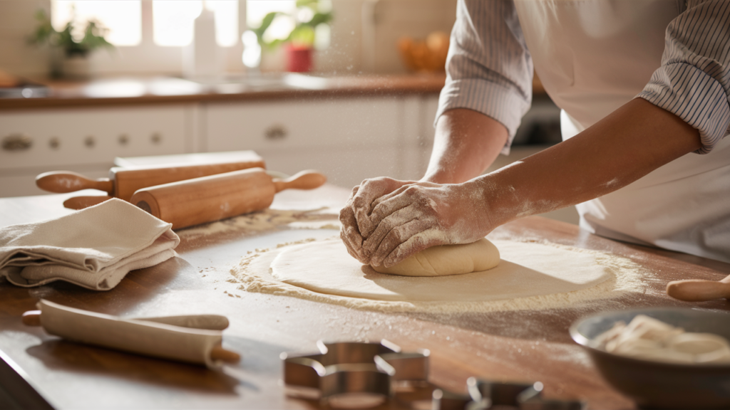 Baker's hands kneading smooth donut dough on a floured countertop, with a rolling pin, dough cutters, and a clean kitchen towel nearby.