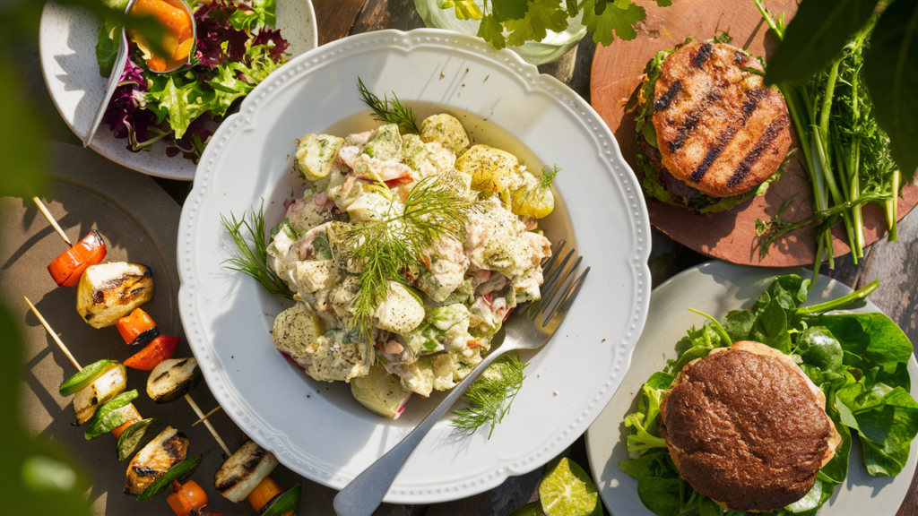 Plated vegan hellmann's potato salad recipe served with grilled vegetables and vegan burger in outdoor setting