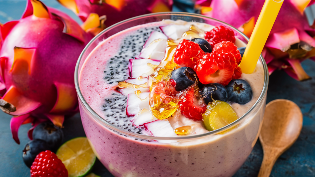 smoothie bowl filled with a mix of dragon fruit and coconut