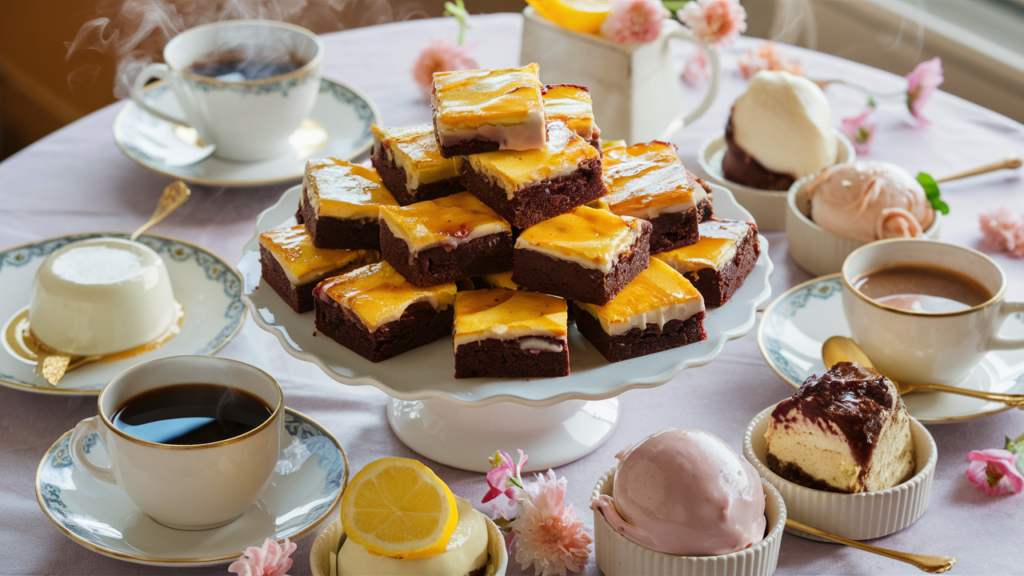 Lemon brownies served with panna cotta, tiramisu, gelato, and beverages.