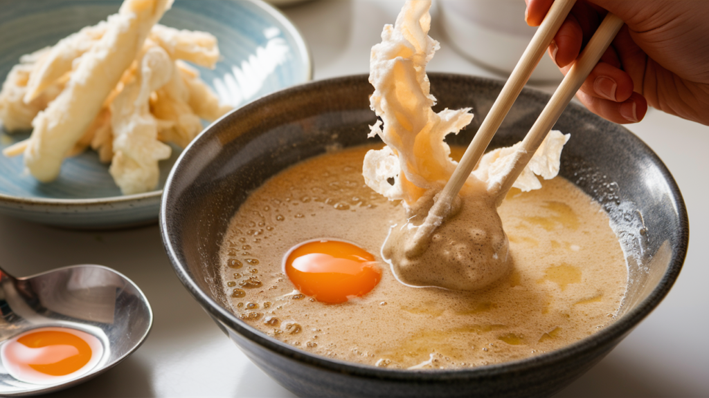 Tempura batter being mixed gently, showing its thin and runny consistency, surrounded by ingredients like ice cubes, flour, and egg.