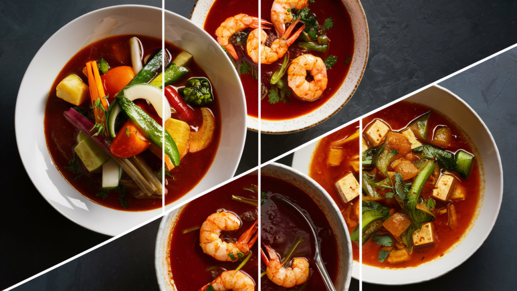 Four protein variations of Thai red curry recipe featuring vegetable, chicken, shrimp, and tofu options