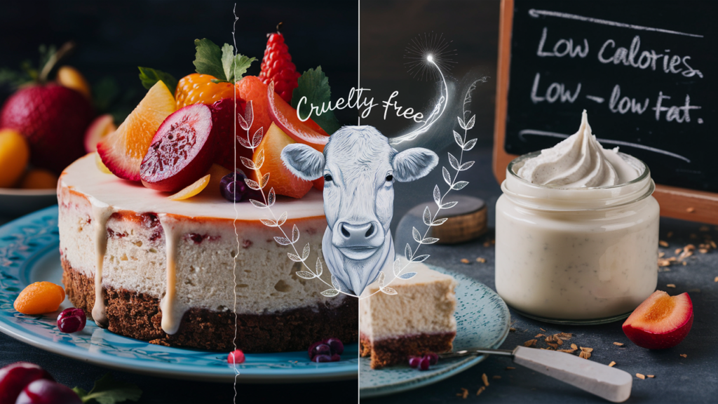 A split-frame image: one side shows a vegan cheesecake with fresh fruits, and the other highlights a jar of plant-based cream cheese with health benefits like 'low calories' and 'low fat' written on a chalkboard.