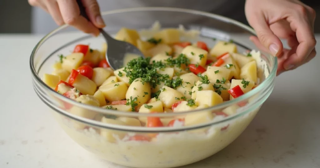 Hands mixing vegan hellmann's potato salad recipe ingredients in glass bowl, showing creamy texture and vibrant vegetables