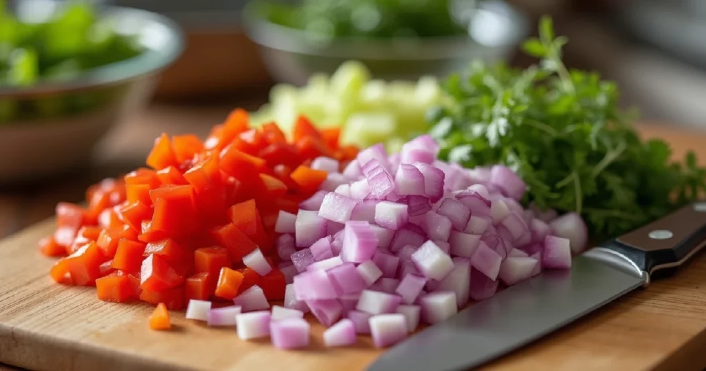 hellmann's potato salad recipe. Variety of freshly chopped colorful vegetables and herbs on wooden cutting board with prep bowls