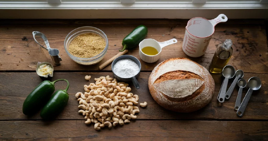 A triptych showing the stages of making vegan jalapeño cheese artisan bread recipe: mixing dough in a bowl, dough rising with visible bubbles, and shaping the loaf on a floured surface.