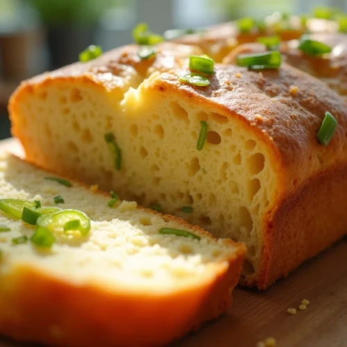 A close-up of sliced vegan jalapeno cheese artisan bread recipe​, highlighting its airy texture and studded pieces of jalapeño and gooey vegan cheese. Presented on a warm, sunlit kitchen counter.