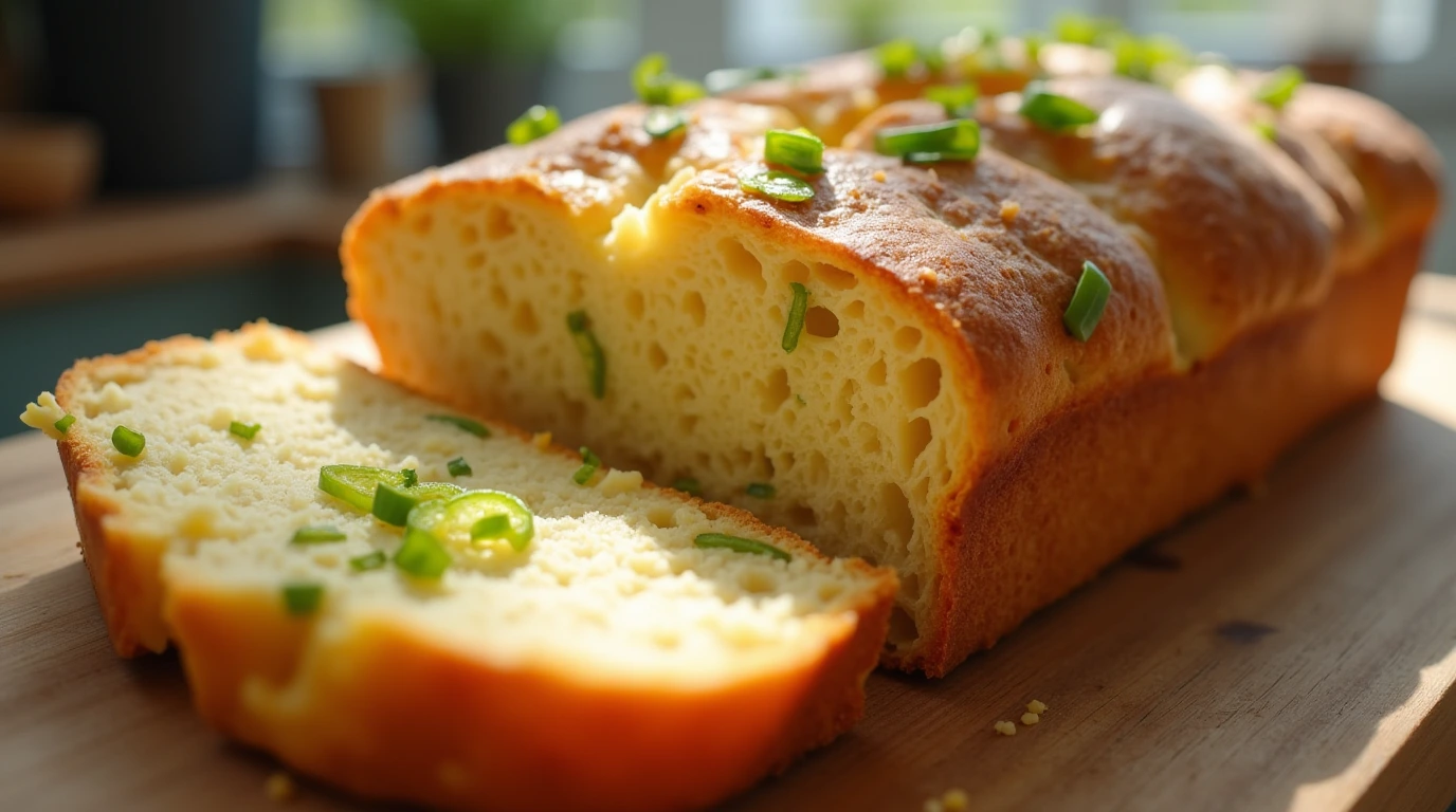 A close-up of sliced vegan jalapeno cheese artisan bread recipe​, highlighting its airy texture and studded pieces of jalapeño and gooey vegan cheese. Presented on a warm, sunlit kitchen counter.