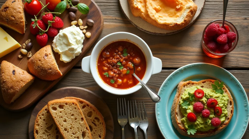 A vibrant table setting featuring vegan jalapeño cheese artisan bread served with a vegan cheese board, a bowl of chili, and as avocado toast, offering versatile pairing ideas for this flavorful bread.