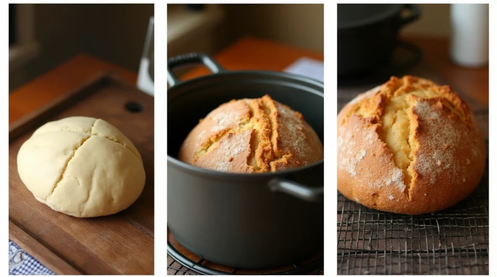 A sequence of images showing the vegan jalapeño cheese artisan bread recipe in action: scoring the dough, baking it in a Dutch oven, and cooling the golden-brown loaf on a wire rack.