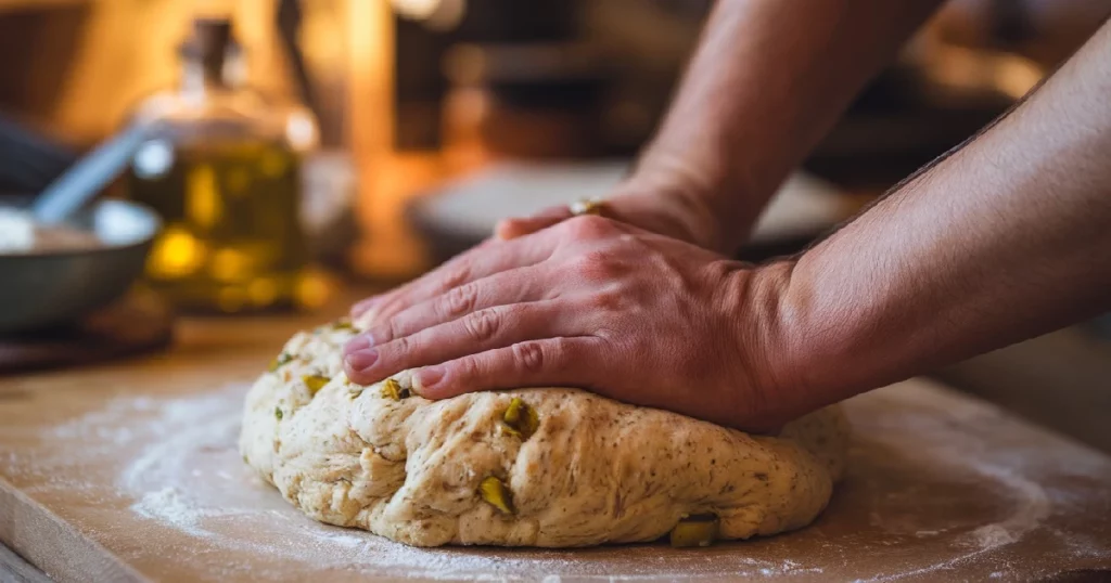 A triptych showing the stages of making vegan jalapeño cheese artisan bread: mixing dough in a bowl, dough rising with visible bubbles, and shaping the loaf on a floured surface.