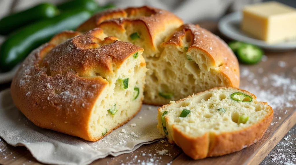 A rustic loaf of vegan jalapeño cheese artisan bread recipe, with a golden-brown crust and a soft, airy interior filled with melted vegan cheese and jalapeño pieces. Set on a wooden board with fresh jalapeños and vegan cheese in the background.