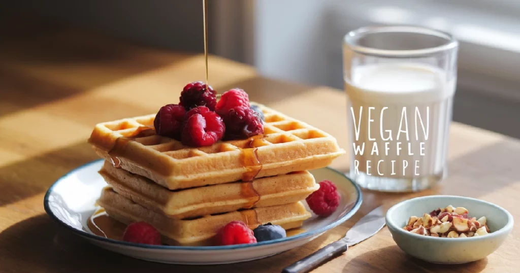 A stack of vegan waffles topped with fresh berries, whipped cream, and maple syrup in a cozy kitchen setting.