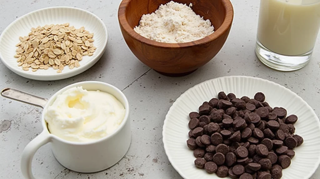 An assortment of key vegan baking ingredients, including flour, coconut oil, oat milk, and chocolate chips.