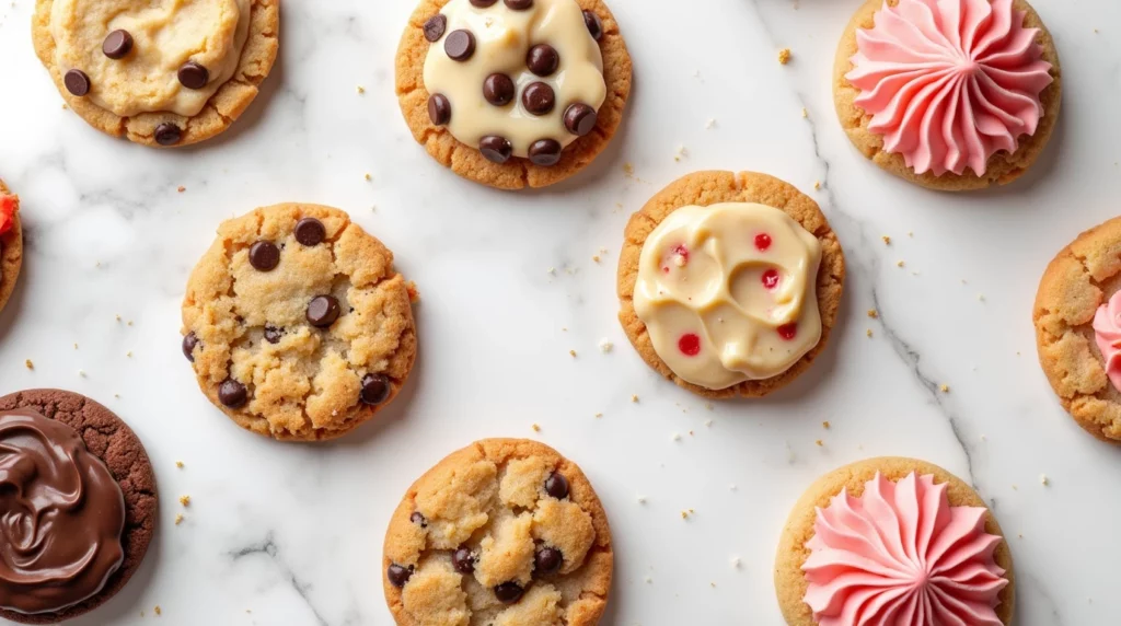 An overhead view of assorted vegan Crumbl cookie flavors, including chocolate chip, peanut butter, snickerdoodle, and strawberry.