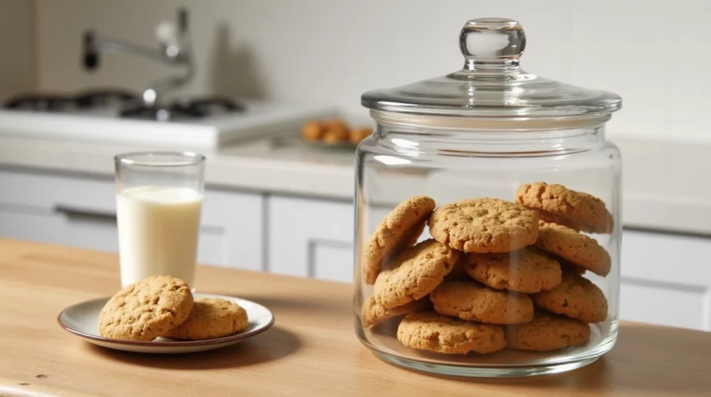 A glass cookie jar filled with vegan Crumbl cookies, next to a plate with cookies and a glass of almond milk.