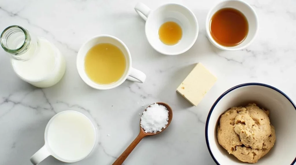 Flat lay of vegan baking essentials, featuring plant-based milk, flax eggs, maple syrup, and a bowl of cookie dough