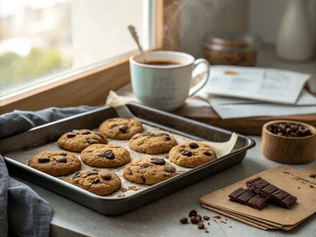 Warm vegan chocolate chip cookies on a kitchen counter with coffee and recipe notes.