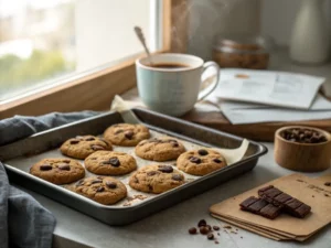 Warm vegan chocolate chip cookies on a kitchen counter with coffee and recipe notes.