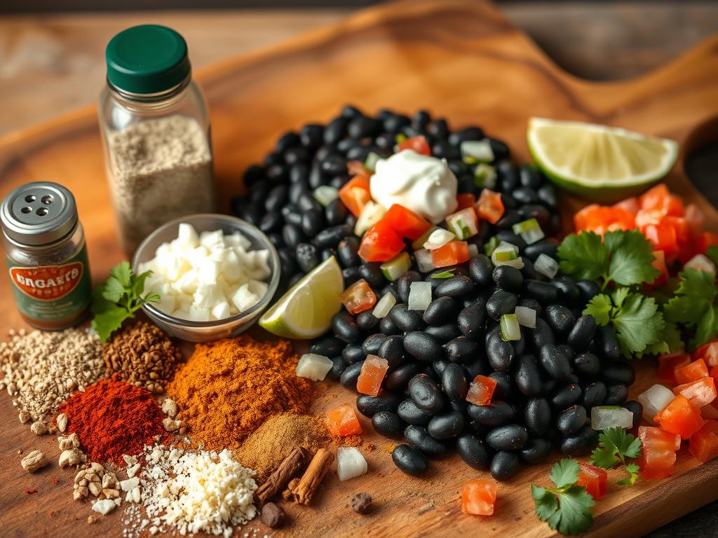 A bountiful assortment of seasonings, garnishes, and serving suggestions for black beans, captured in a warm, rustic still life. In the foreground, an array of spices, herbs, and condiments such as cumin, chili powder, cilantro, lime wedges, and crumbled queso fresco. In the middle ground, a serving of steaming hot black beans, accompanied by artfully arranged toppings like diced onions, diced tomatoes, and a dollop of sour cream. In the background, a wooden board or table, with a backdrop of earthy textures and natural lighting, creating a cozy, homey atmosphere. This image conveys the flavors and possibilities for enhancing and serving a simple, nourishing dish of black beans. A bountiful assortment of seasonings, garnishes, and serving suggestions for black beans, captured in a warm, rustic still life. In the foreground, an array of spices, herbs, and condiments such as cumin, chili powder, cilantro, lime wedges, and crumbled queso fresco. In the middle ground, a serving of steaming hot black beans, accompanied by artfully arranged toppings like diced onions, diced tomatoes, and a dollop of sour cream. In the background, a wooden board or table, with a backdrop of earthy textures and natural lighting, creating a cozy, homey atmosphere. This image conveys the flavors and possibilities for enhancing and serving a simple, nourishing dish of black beans.