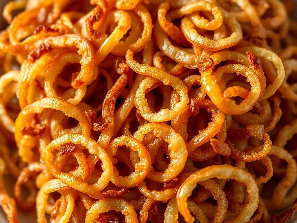 A pile of crispy, golden-brown fried onion strips, freshly crisped and piping hot, glistening with a delicate crunch. The onions are thinly sliced, their rings separated and delicately fried to a perfect texture, creating a savory, decadent topping for a luscious green bean casserole. The lighting is soft and natural, casting a warm glow on the onions and highlighting their intricate layers. The composition places the onion topping in the center of the frame, with a neutral background that allows the textures and colors to shine. The overall mood is one of homemade comfort and mouth-watering appeal. A pile of crispy, golden-brown fried onion strips, freshly crisped and piping hot, glistening with a delicate crunch. The onions are thinly sliced, their rings separated and delicately fried to a perfect texture, creating a savory, decadent topping for a luscious green bean casserole. The lighting is soft and natural, casting a warm glow on the onions and highlighting their intricate layers. The composition places the onion topping in the center of the frame, with a neutral background that allows the textures and colors to shine. The overall mood is one of homemade comfort and mouth-watering appeal.