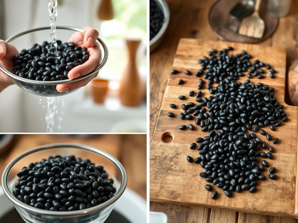 A series of close-up shots showcasing the step-by-step process of preparing black beans. In the foreground, a pair of hands carefully rinsing a colander filled with dark, shiny beans under running water. In the middle ground, the beans being transferred to a cutting board, where they are meticulously inspected and any discolored or damaged ones are removed. In the background, a rustic, wooden table with a few kitchen utensils, creating a warm, homely atmosphere. Soft, natural lighting from a window casts a gentle glow over the scene, highlighting the tactile details of the bean preparation. The overall mood is one of focused, mindful kitchen work, inviting the viewer to engage with the simple yet essential task of getting beans ready for cooking. A series of close-up shots showcasing the step-by-step process of preparing black beans. In the foreground, a pair of hands carefully rinsing a colander filled with dark, shiny beans under running water. In the middle ground, the beans being transferred to a cutting board, where they are meticulously inspected and any discolored or damaged ones are removed. In the background, a rustic, wooden table with a few kitchen utensils, creating a warm, homely atmosphere. Soft, natural lighting from a window casts a gentle glow over the scene, highlighting the tactile details of the bean preparation. The overall mood is one of focused, mindful kitchen work, inviting the viewer to engage with the simple yet essential task of getting beans ready for cooking.