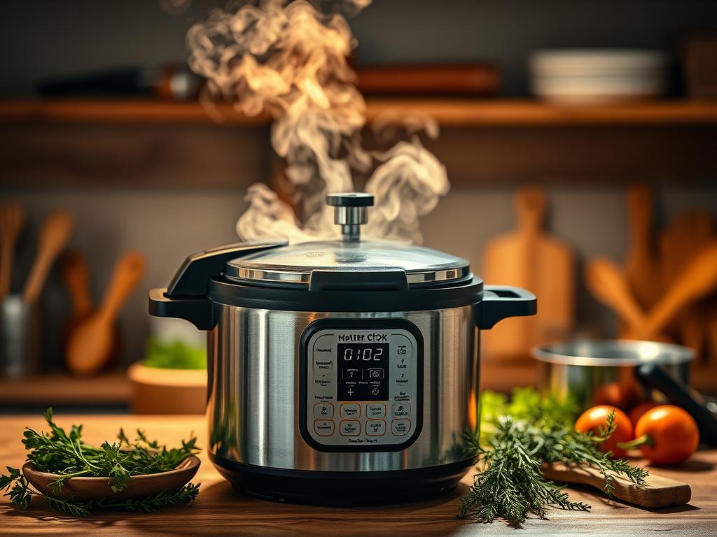 Detailed close-up shot of a modern pressure cooker, with steam gently rising from the vent. The cooker is positioned on a wooden countertop, with various cooking utensils and herbs arranged around it. Warm, even lighting from overhead illuminates the scene, casting soft shadows and highlighting the textured surfaces. The composition emphasizes the pressure cooking technique, conveying a sense of efficiency, precision, and the creation of hearty, flavorful dishes. The overall mood is one of culinary mastery and the joys of modern kitchen technology. Detailed close-up shot of a modern pressure cooker, with steam gently rising from the vent. The cooker is positioned on a wooden countertop, with various cooking utensils and herbs arranged around it. Warm, even lighting from overhead illuminates the scene, casting soft shadows and highlighting the textured surfaces. The composition emphasizes the pressure cooking technique, conveying a sense of efficiency, precision, and the creation of hearty, flavorful dishes. The overall mood is one of culinary mastery and the joys of modern kitchen technology.